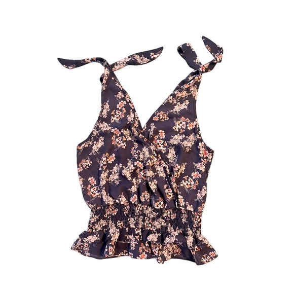 Sienna Sky Tops - Sienna Sky Womens Blue Floral Tie Shoulder Smocked Peplum Tank Top Size M